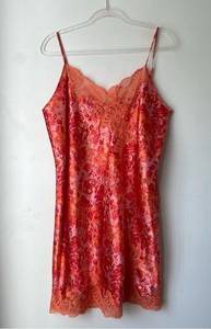 Vintage 90s Y2K  Orange Pink Satin Lace Slip Dress XL