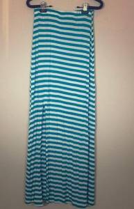 white and turquoise striped maxi skirt