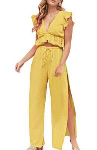 Fancyinn Marigold Yellow 2 Piece Summer Beach Vacation pants Top Set sz medium