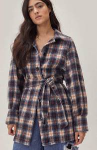 Navy Blue Checkered Belted Jacket