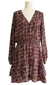 Nine Britton Dress Annika Red Burgundy Floral V-Neck Long Sleeve Tiered Large