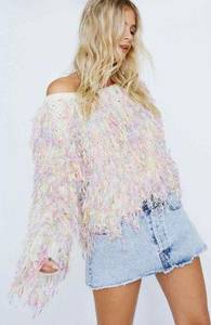 Nasty Gal Pastel Multi Fringe Oversized Sweater Ivory Pink Small