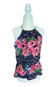 Womens Agaci Floral Windowpane High Neck Peplum Top - Sz S