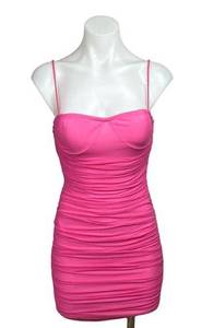 Revolve  Superdown Emmie Neon Pink Ruched Mesh Mini Strap Bodycon Dress Size XS