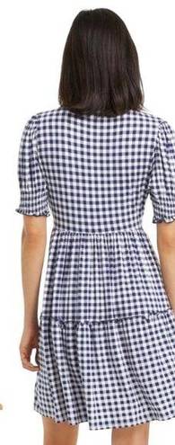 Draper James  Lee Ann Mini Dress Tiered Fit & Flare Stretch Knit Navy Gingham M