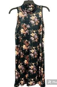 Dark Green Floral Print Velvet Sleeveless Dress Size Medium