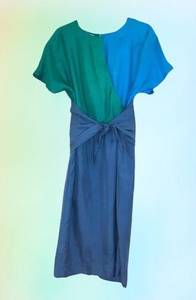 Vintage 1990s Diane Gilman blue and green 100% silk wrap belted midi dress 6 VTG