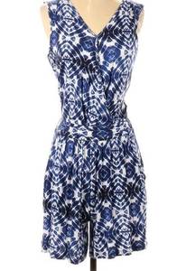 DESIGN HISTORY Women’s Blue & White Tie Dye Sleeveless Faux Wrap Belted Romper