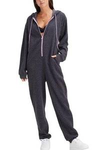 Fabletics Forever Fleece Hooded Onesie XL - PEWTER TWO TONE LEOPARD/ORCHID