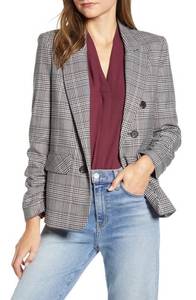 Plaid Ruched Sleeve Blazer