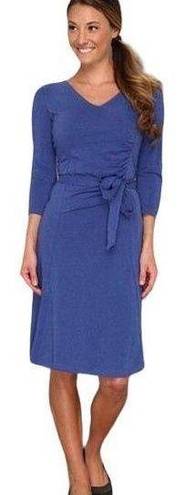 Kuhl  Organic Cotton Jersey Knit Salza Dress Ruched Bodice Tie Belt V Neck Blue S