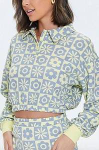 Forever 21  Yellow & Blue Floral Checkered Cropped Pullover M