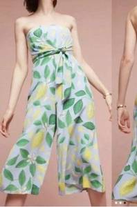 MAEVE Anthropologie Lemons Blue Strapless Wide Leg Romper Womens 2