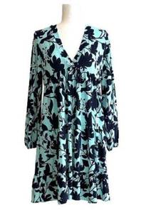 Honeyme Dress Light Blue Navy Floral Print Boho V-Neck Long Sleeve Tiered Small