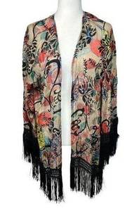 Sans Souci Women’s Kimono Open Cardigan Wrap Floral Fringe Boho Festival Beach S