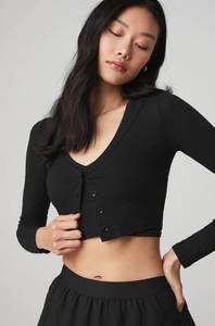 BLACK RIBBED CROPPED WHISPER CARDIGAN Small NWT