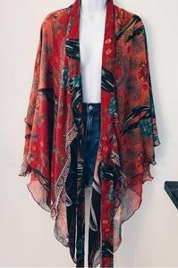 Red floral beach cover up kimono wrap dress