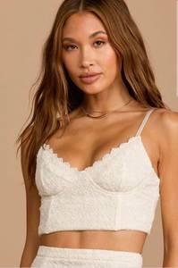 , Cream Embroidered Lace Cropped Cami Tank Top