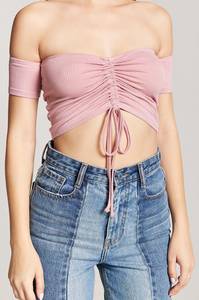 Forever 21 Pink off the shoulder ruched tie crop top