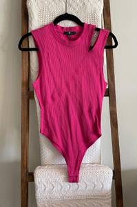 NWOT  Hot Pink Shoulder Slit Ribbed Bodysuit