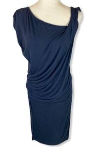 Seven7 blue draped  dress, NEW small stretch knit asymmetrical neckline midi