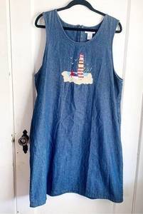 Vintage Lighthouse Image Denim Jean Sleeveless Dress Side Slit Pockets Large L