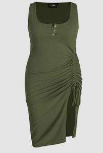 Cider  Olive Green Ribbed Ruched Midi Tank Dress