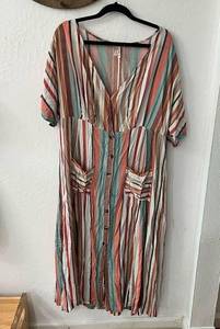 Live 4 Truth Button Front Multi Color Striped Casual MIDI Dress Size 1X