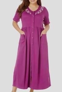 Only Necessities Plus Size Purple Magenta Embroidered W/Snap Front Lounger Dress