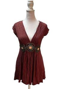 Burgundy Red with Brass Metal Belt Pale Pink Square Gems Shirt M