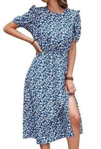 Women Floral Print Round Neck Puff Short Sleeve Side Split Midi Dress