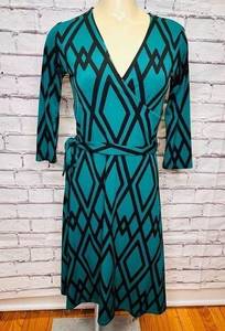 Leota Womens Green & Black Argyle Long Sleeves V-Neck Wrap Dress Size XS