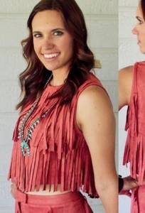 faux suede fringe western boho short sleeveless top Size Large