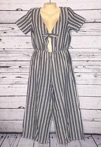 Potter’s Pot Size S Blues & Gray Striped Tie Detail One Piece Crop Pant Jumpsuit