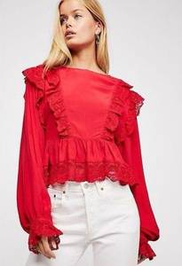 Free People Take it Easy Top Red Ruffle Button Keyhole Lace Peplum Long Sleeve