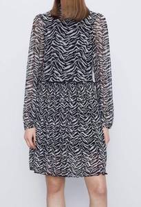 ZARA  Zebra Printed Tulle Mini Dress Smocked Long Sleeve Mesh Black White Large