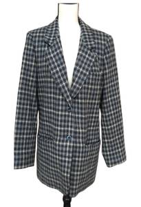 Wool Check Long Blazer Jacket Cream Navy Blue M Academia