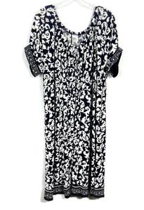 JMS  Navy Blue & White Paisley Print Short Sleeve Midi Dress Plus 2X