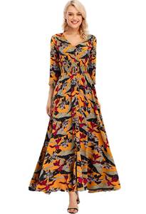 Womens Long Sleeve V Neck Casual Loose Print Floral Maxi Dress Large