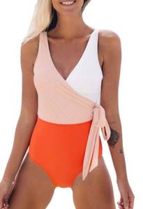 Cupshe NWT  Colorblock Plunging One Piece Swimsuit Orange White sz small.