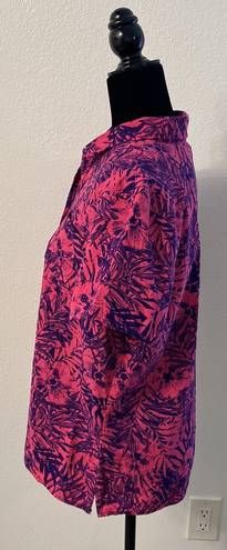 Basic Editions  Hot Pink & Purple Hibiscus Palm Leaves Floral Button Down Size XL