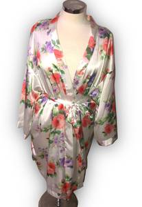 Ivory Pink Floral Satin Robe Tie Front L/XL