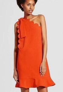 for Target bright orange one shoulder bow scalloped dress sz S