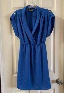 Blue V Neck Collared Short Sleeve Dress size Small