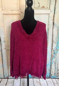 Women Long Sleeve V-Neck Ripped Pullover Cable Knit Sweater Size 3X