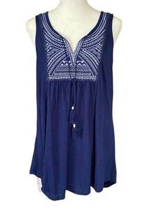 women's 1X tie front sleeveless blue stretchy tank top embroidered