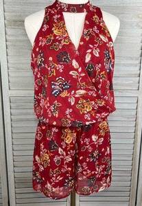 BCX Sleeveless Romper High Neck w Cutouts Red Floral-Large