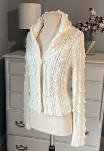 Grace Elements Off White Cardigan Pom Pom Sweater Cream Womens Small Acrylic