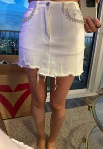 White Mini Denim Skirt With Beading