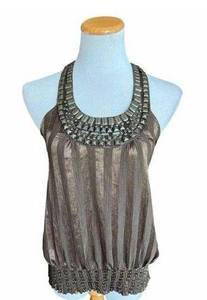 Womens Agaci Chocolate Beaded Neckline Sateen Racerback Sleeveless Top - Sz S